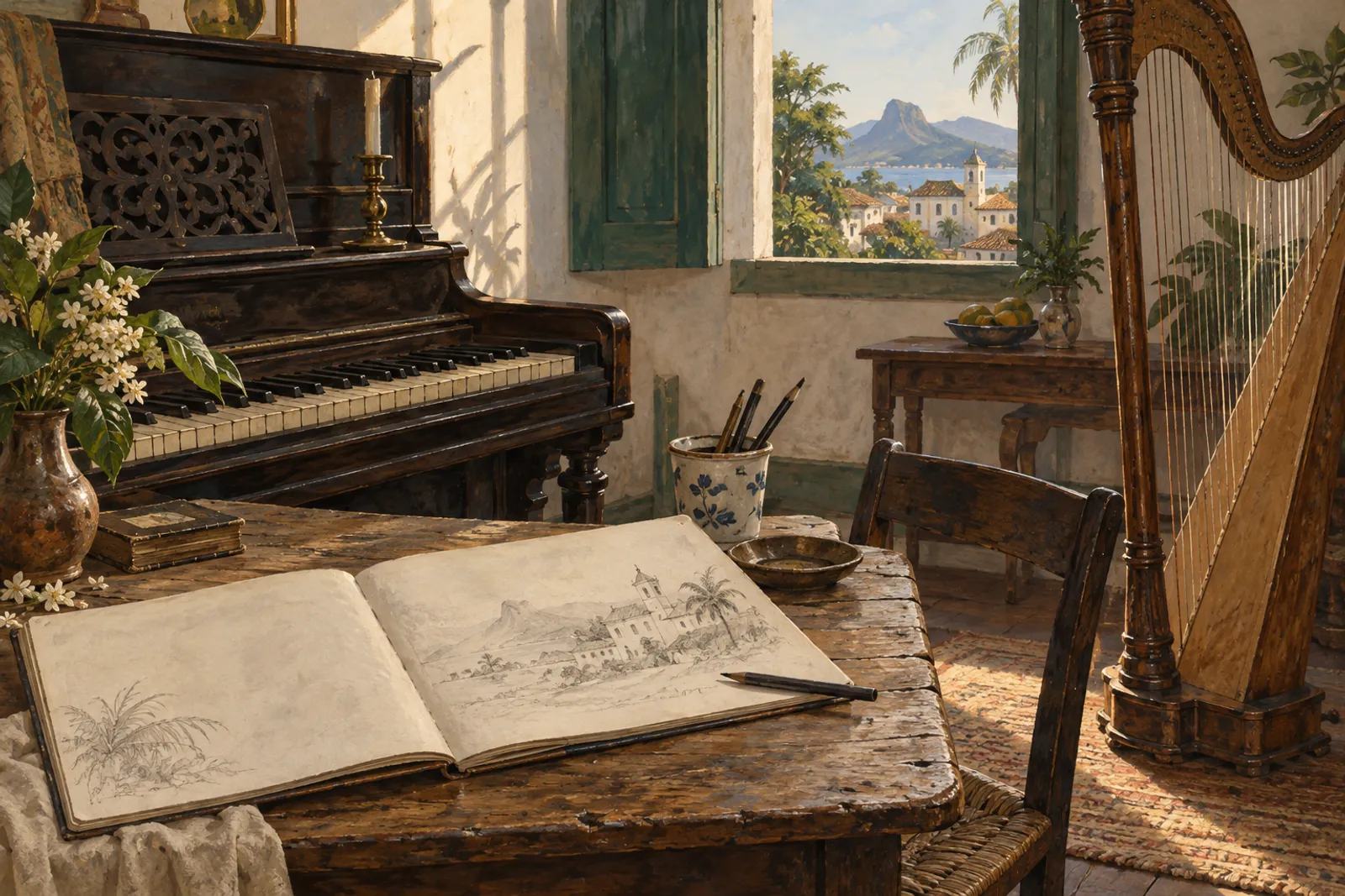 Teclas de piano, cordas de harpa e um caderno de desenho em um ambiente iluminado pela janela.