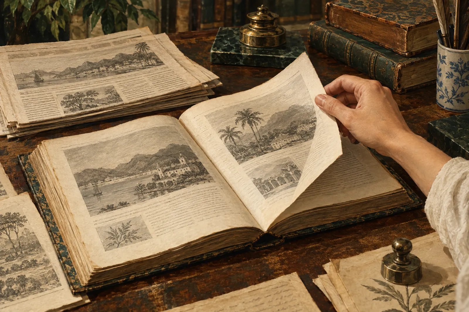 Uma mão folheia um volume antigo ao lado de periódicos sobre uma mesa de leitura.