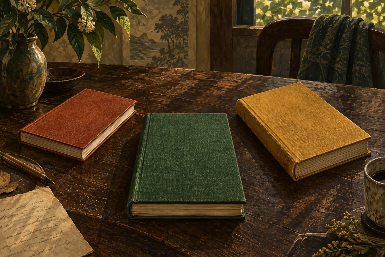 Três livros de tecido verde, ferrugem e ocre dispostos sobre uma mesa escura.